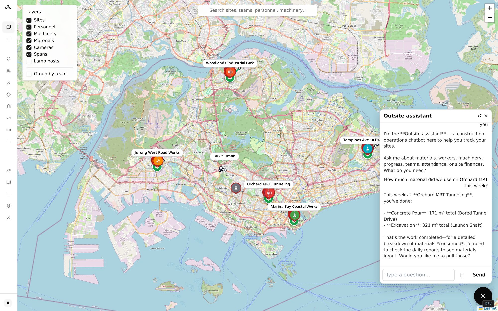 Outsite chatbot panel open over the live map, answering a question about how much material was used on Orchard MRT this week with a real per-work-type breakdown.