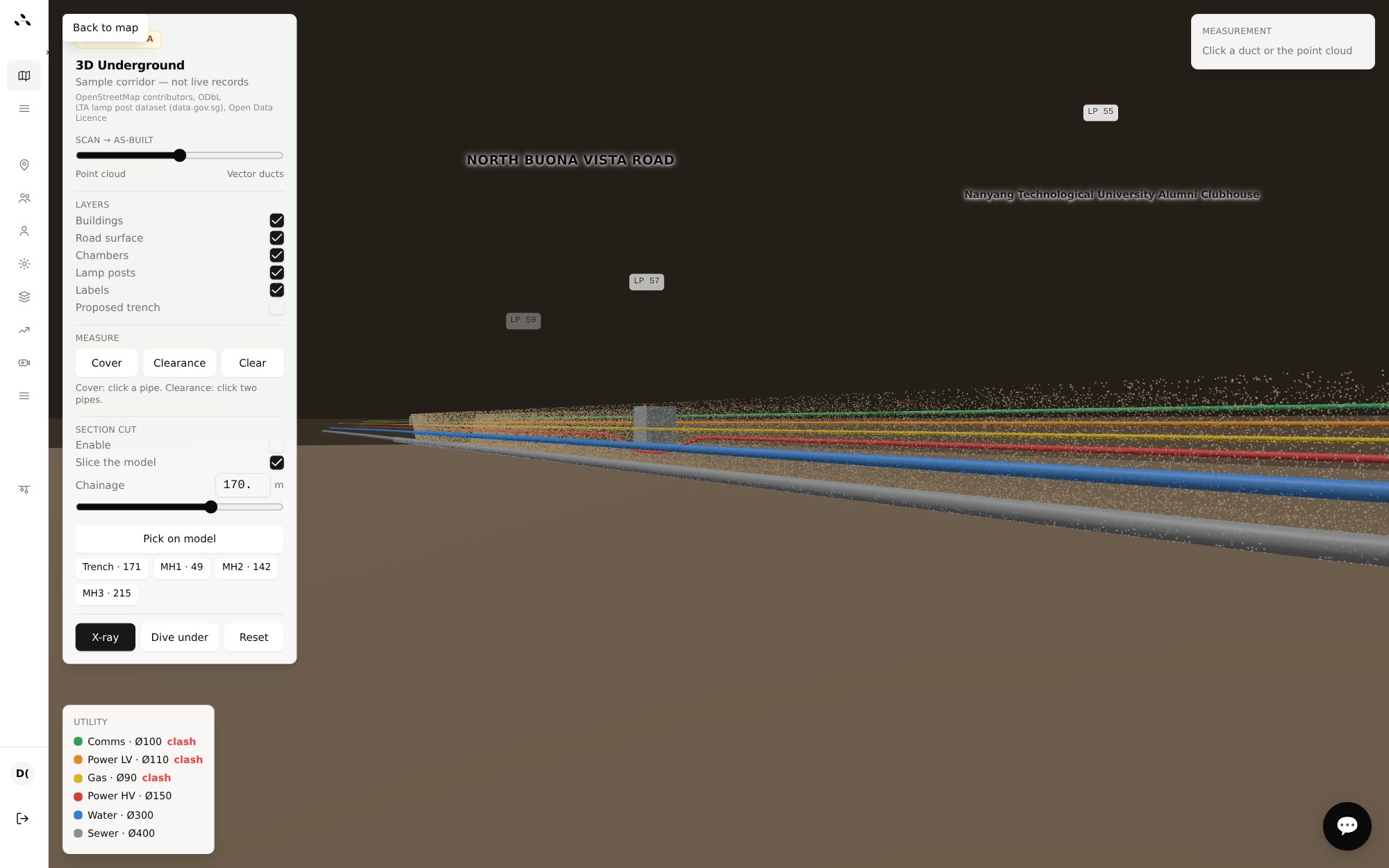 3D underground view of North Buona Vista Road: colour-coded comms, power, gas, water and sewer ducts under a LiDAR point cloud, with cover, clearance and clash tools